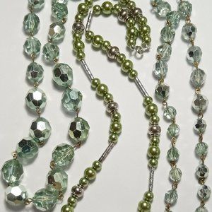 Lot 2 Vintage Green Hues Beaded Necklaces, Light weight, Faux Pearls & Crystals